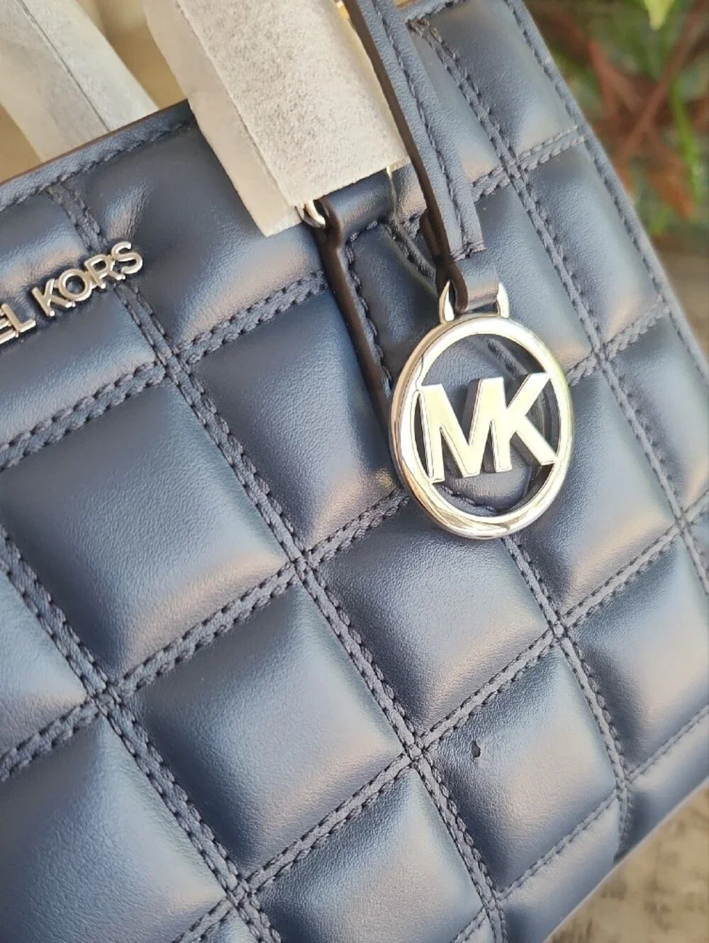Michael Kors Navy Quilted Leather Satchel with Gold MK Charm. New!